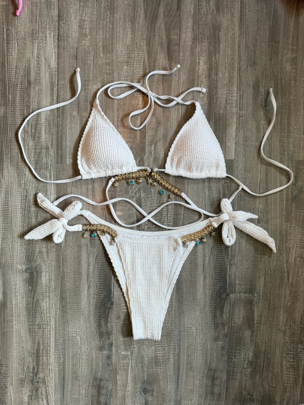 White Textured Tie-Side Bikini with Bead & Shell Accents